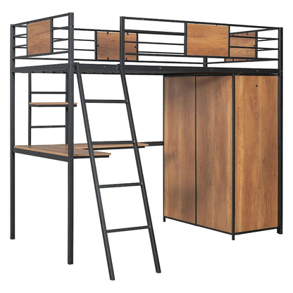 Twin Size Metal Wood Loft bed with L-shape Desk, Wardrobe, Fence and Ladder