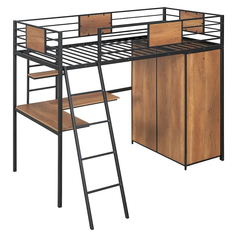 Twin Size Metal Wood Loft bed with L-shape Desk, Wardrobe, Fence and Ladder