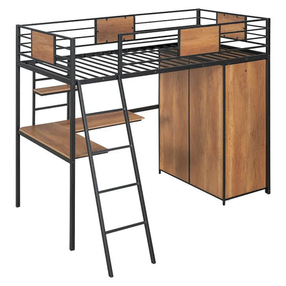 Twin Size Metal Wood Loft bed with L-shape Desk, Wardrobe, Fence and Ladder