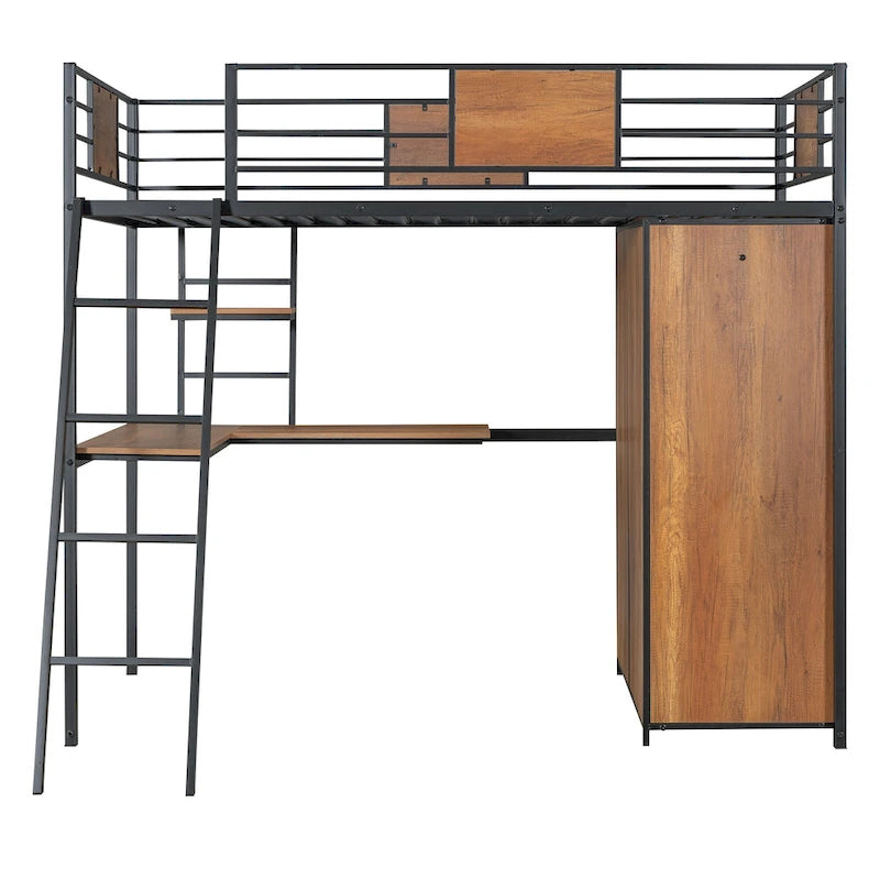 Twin Size Metal Wood Loft bed with L-shape Desk, Wardrobe, Fence and Ladder