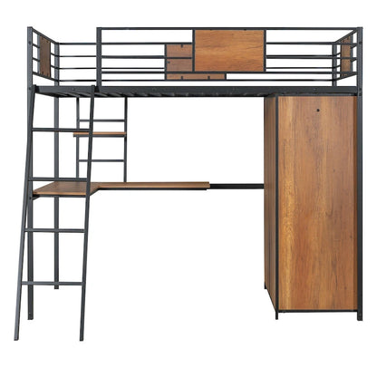 Twin Size Metal Wood Loft bed with L-shape Desk, Wardrobe, Fence and Ladder