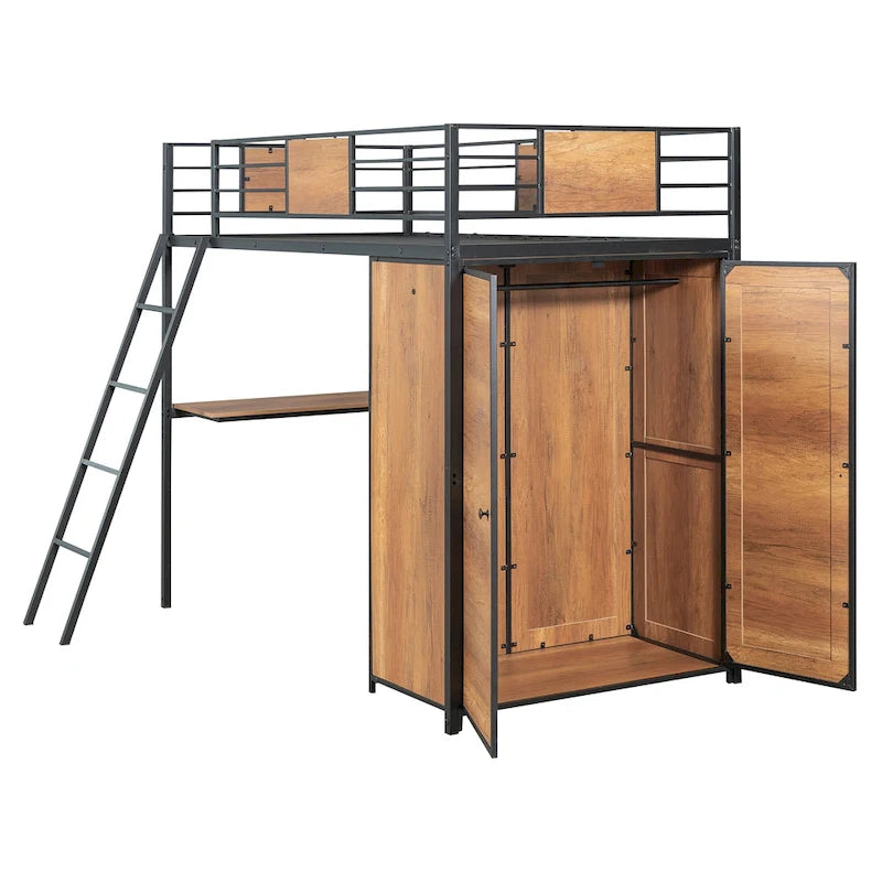 Twin Size Metal Wood Loft bed with L-shape Desk, Wardrobe, Fence and Ladder