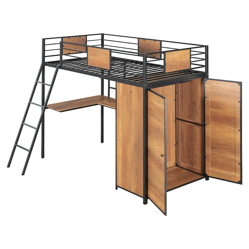 Twin Size Metal Wood Loft bed with L-shape Desk, Wardrobe, Fence and Ladder