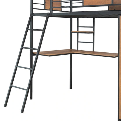 Twin Size Metal Wood Loft bed with L-shape Desk, Wardrobe, Fence and Ladder