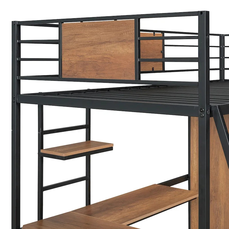 Twin Size Metal Wood Loft bed with L-shape Desk, Wardrobe, Fence and Ladder