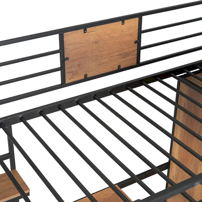 Twin Size Metal Wood Loft bed with L-shape Desk, Wardrobe, Fence and Ladder