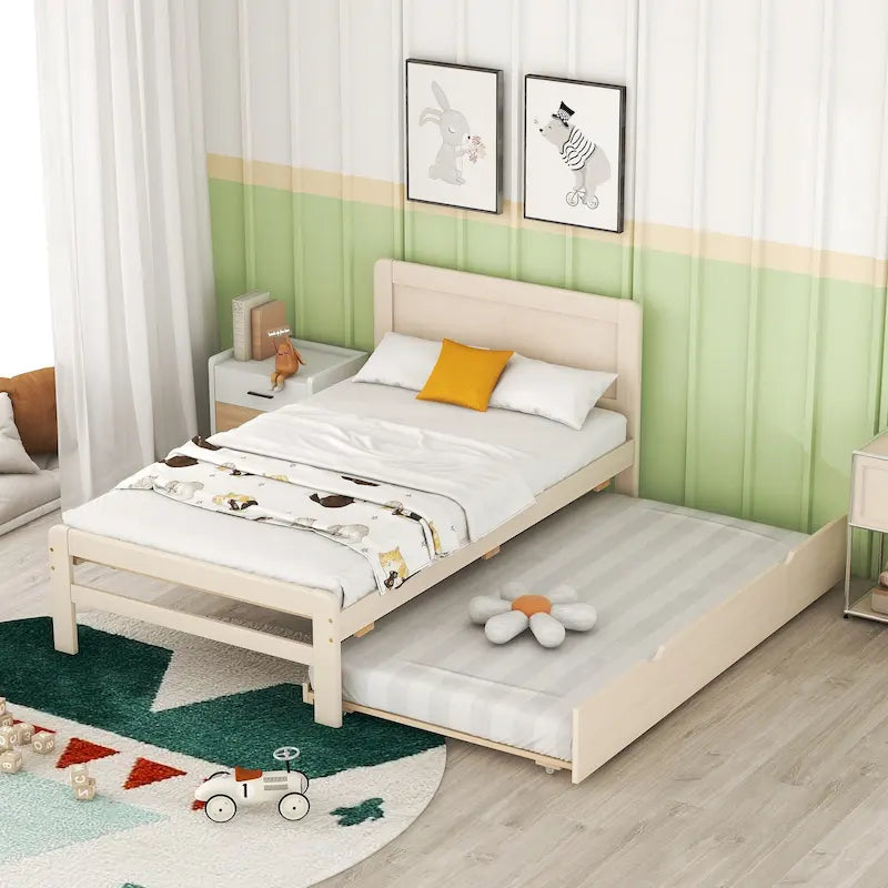 White Twin Platform Bed Frame in Solid Wood with Trundle and Modern Wood Headboard