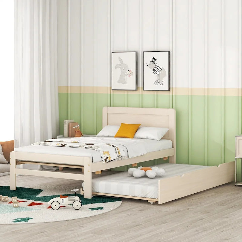 White Twin Platform Bed Frame in Solid Wood with Trundle and Modern Wood Headboard