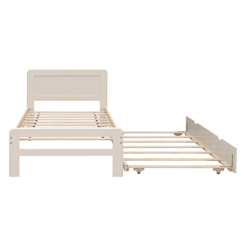 White Twin Platform Bed Frame in Solid Wood with Trundle and Modern Wood Headboard