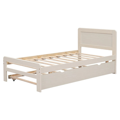 White Twin Platform Bed Frame in Solid Wood with Trundle and Modern Wood Headboard