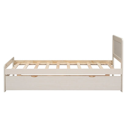 White Twin Platform Bed Frame in Solid Wood with Trundle and Modern Wood Headboard