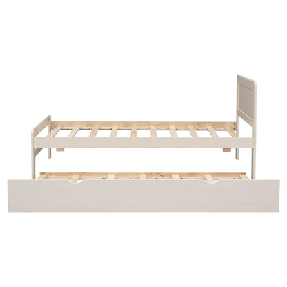 White Twin Platform Bed Frame in Solid Wood with Trundle and Modern Wood Headboard