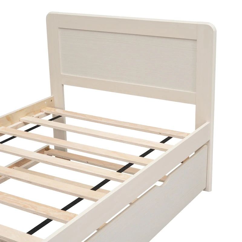 White Twin Platform Bed Frame in Solid Wood with Trundle and Modern Wood Headboard