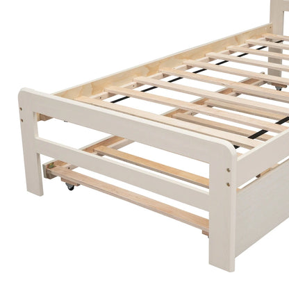 White Twin Platform Bed Frame in Solid Wood with Trundle and Modern Wood Headboard