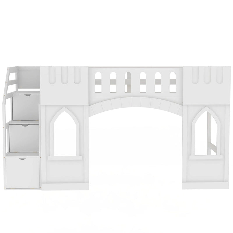 Solid Wood Loft Bed with Storage Staircase and Window