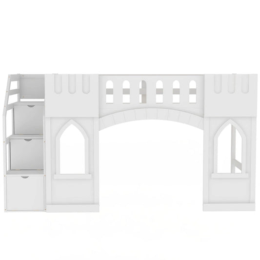 Solid Wood Loft Bed with Storage Staircase and Window