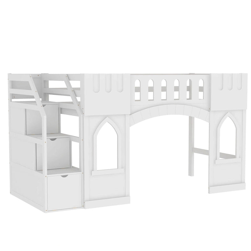 Solid Wood Loft Bed with Storage Staircase and Window