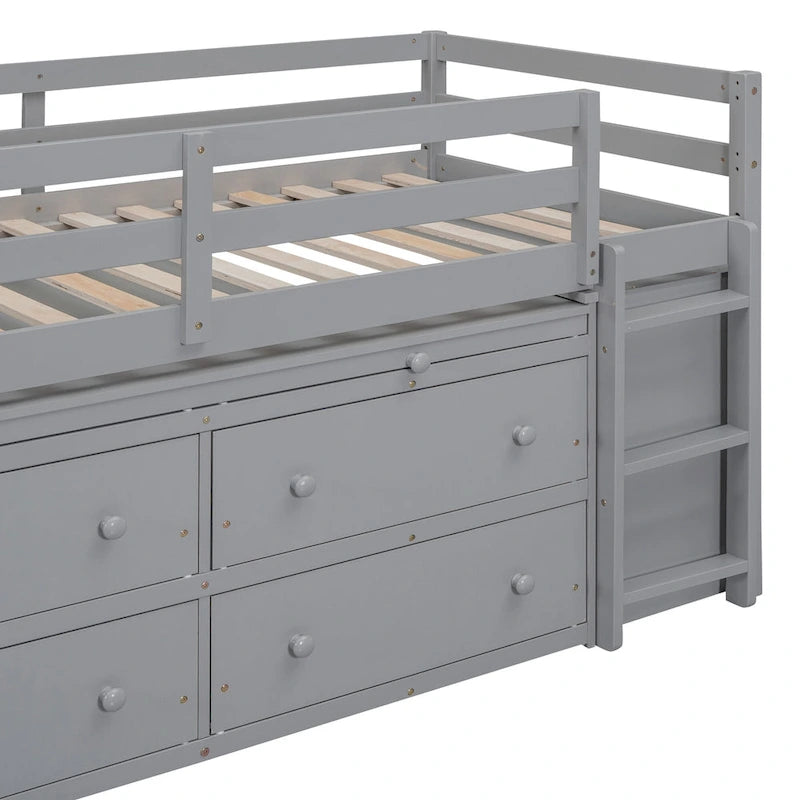 Gray Twin Size Solid Wood Loft Bed with Retractable Writing Desk and 4 Drawers, Lateral Portable Desk and Shelves
