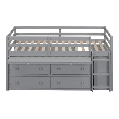Gray Twin Size Solid Wood Loft Bed with Retractable Writing Desk and 4 Drawers, Lateral Portable Desk and Shelves