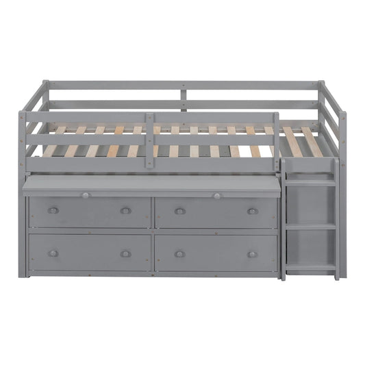 Gray Twin Size Solid Wood Loft Bed with Retractable Writing Desk and 4 Drawers, Lateral Portable Desk and Shelves