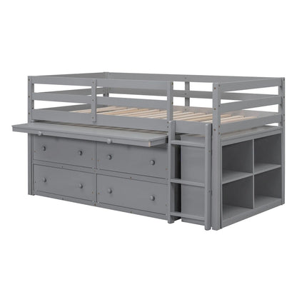 Gray Twin Size Solid Wood Loft Bed with Retractable Writing Desk and 4 Drawers, Lateral Portable Desk and Shelves