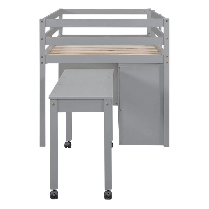 Gray Twin Size Solid Wood Loft Bed with Retractable Writing Desk and 4 Drawers, Lateral Portable Desk and Shelves