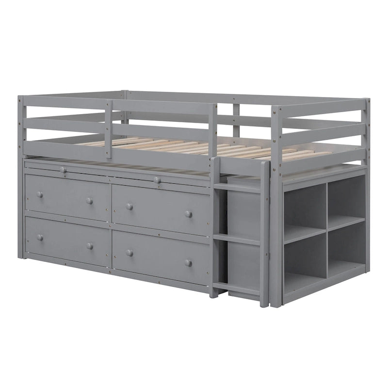 Gray Twin Size Solid Wood Loft Bed with Retractable Writing Desk and 4 Drawers, Lateral Portable Desk and Shelves