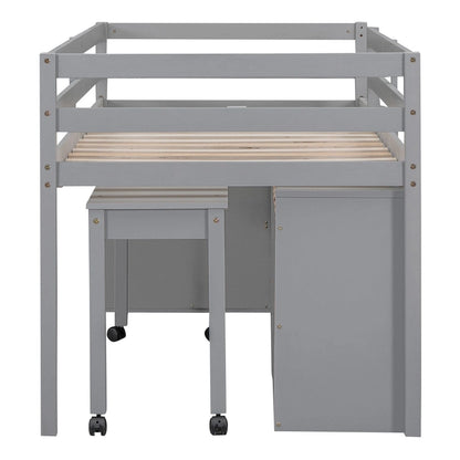 Gray Twin Size Solid Wood Loft Bed with Retractable Writing Desk and 4 Drawers, Lateral Portable Desk and Shelves