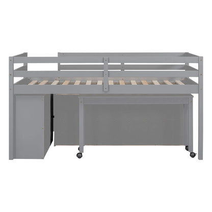 Gray Twin Size Solid Wood Loft Bed with Retractable Writing Desk and 4 Drawers, Lateral Portable Desk and Shelves