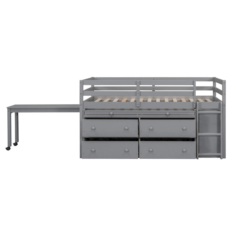 Gray Twin Size Solid Wood Loft Bed with Retractable Writing Desk and 4 Drawers, Lateral Portable Desk and Shelves
