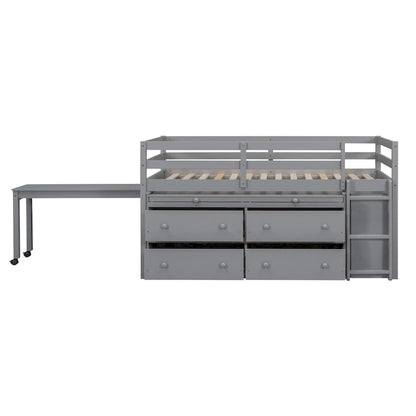 Gray Twin Size Solid Wood Loft Bed with Retractable Writing Desk and 4 Drawers, Lateral Portable Desk and Shelves