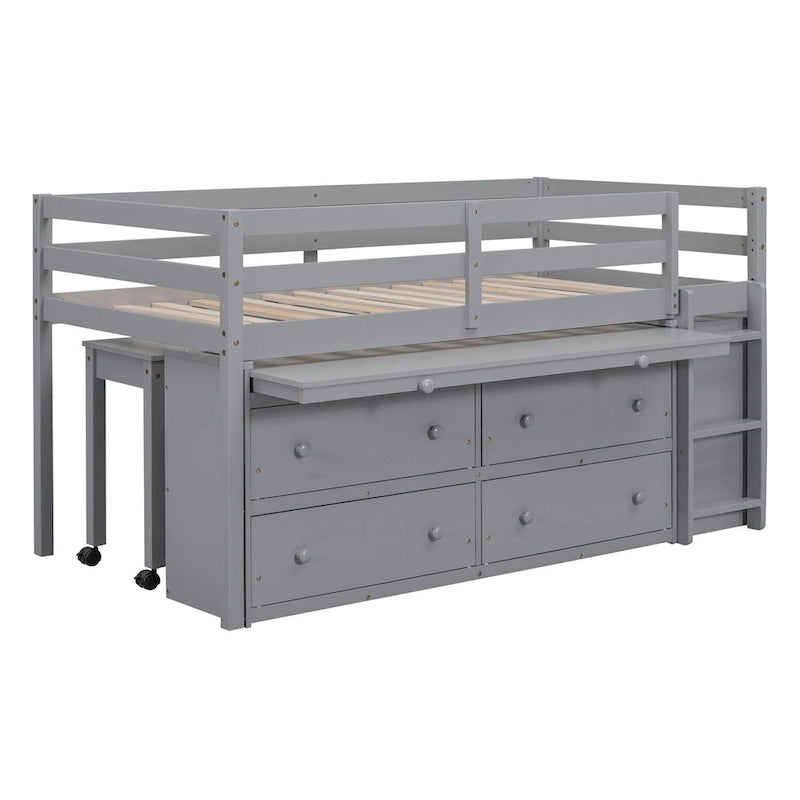 Gray Twin Size Solid Wood Loft Bed with Retractable Writing Desk and 4 Drawers, Lateral Portable Desk and Shelves
