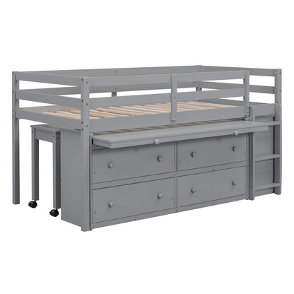 Gray Twin Size Solid Wood Loft Bed with Retractable Writing Desk and 4 Drawers, Lateral Portable Desk and Shelves