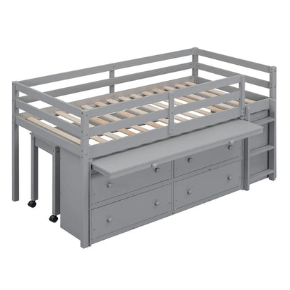 Gray Twin Size Solid Wood Loft Bed with Retractable Writing Desk and 4 Drawers, Lateral Portable Desk and Shelves