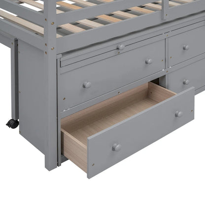 Gray Twin Size Solid Wood Loft Bed with Retractable Writing Desk and 4 Drawers, Lateral Portable Desk and Shelves