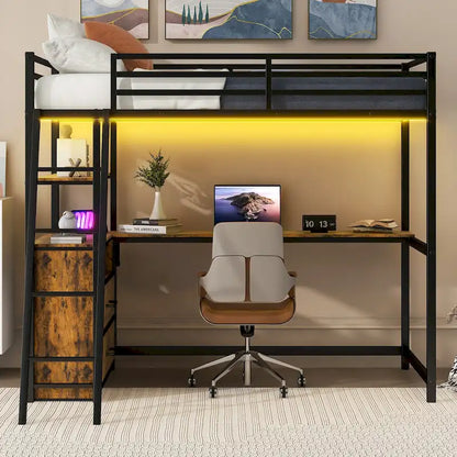 Black Twin Size Metal Wood Loft Bed with Desk and Shelves, Two Built-in Drawers, LED Light and USB Charging Station