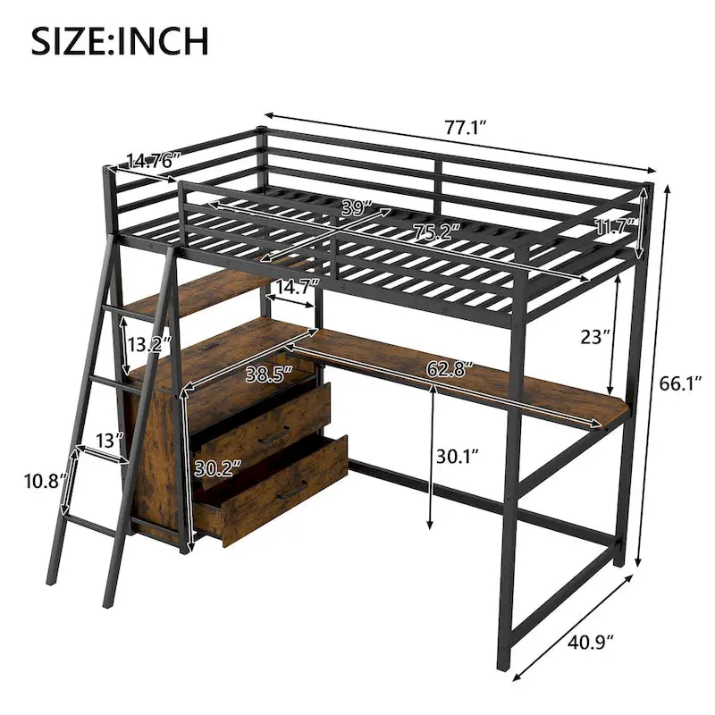 Black Twin Size Metal Wood Loft Bed with Desk and Shelves, Two Built-in Drawers, LED Light and USB Charging Station
