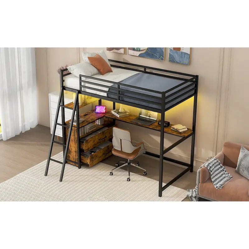 Black Twin Size Metal Wood Loft Bed with Desk and Shelves, Two Built-in Drawers, LED Light and USB Charging Station