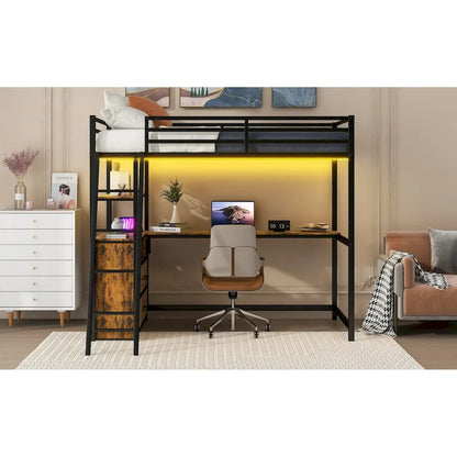 Black Twin Size Metal Wood Loft Bed with Desk and Shelves, Two Built-in Drawers, LED Light and USB Charging Station