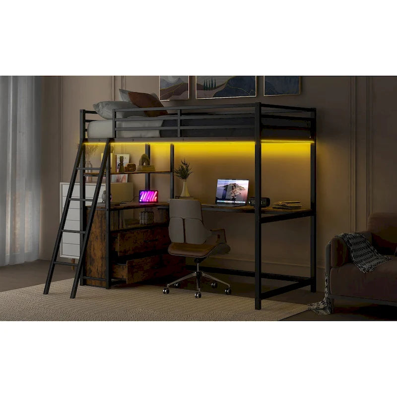Black Twin Size Metal Wood Loft Bed with Desk and Shelves, Two Built-in Drawers, LED Light and USB Charging Station