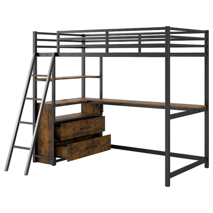 Black Twin Size Metal Wood Loft Bed with Desk and Shelves, Two Built-in Drawers, LED Light and USB Charging Station