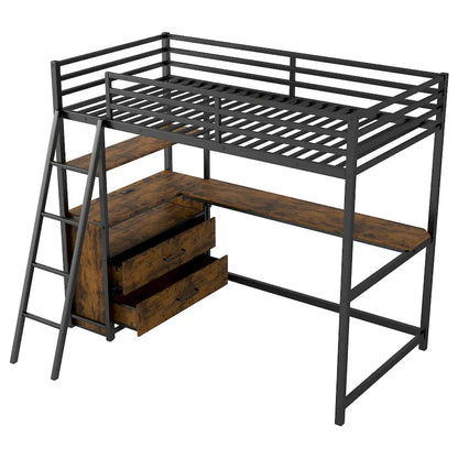Black Twin Size Metal Wood Loft Bed with Desk and Shelves, Two Built-in Drawers, LED Light and USB Charging Station