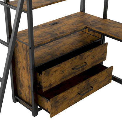 Black Twin Size Metal Wood Loft Bed with Desk and Shelves, Two Built-in Drawers, LED Light and USB Charging Station