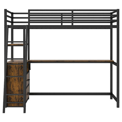 Black Twin Size Metal Wood Loft Bed with Desk and Shelves, Two Built-in Drawers, LED Light and USB Charging Station