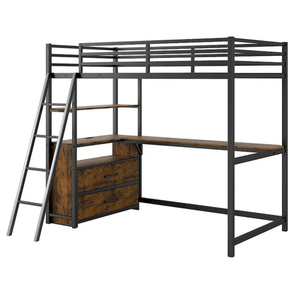 Black Twin Size Metal Wood Loft Bed with Desk and Shelves, Two Built-in Drawers, LED Light and USB Charging Station