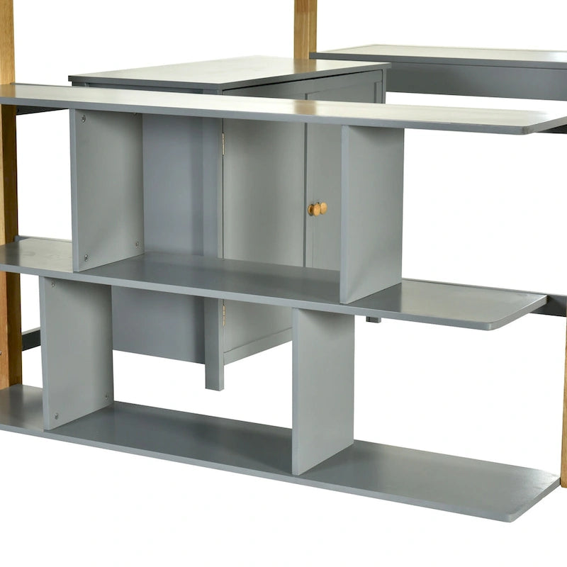 Gray Twin Size Solid Wood Loft Bed with Storage Cabinet & Desk