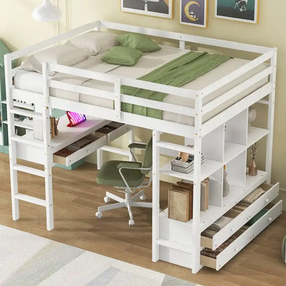 White Full Size Pine Loft Bed with Built-in Desk & Drawers