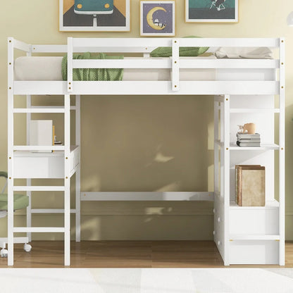 White Full Size Pine Loft Bed with Built-in Desk & Drawers