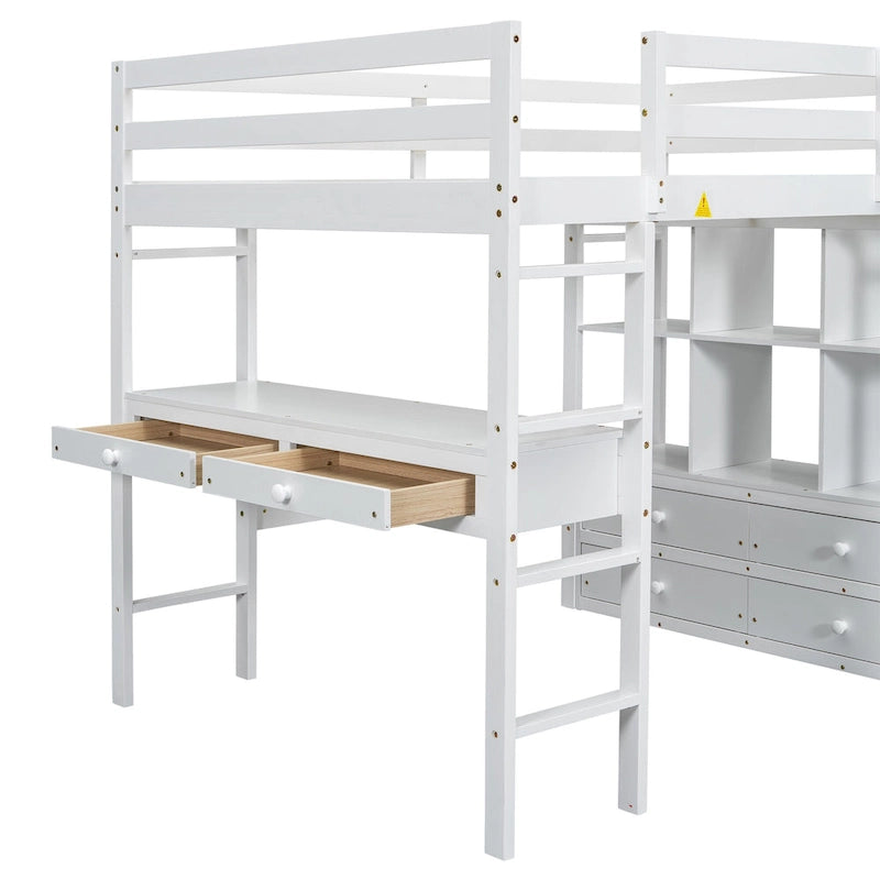 White Full Size Pine Loft Bed with Built-in Desk & Drawers