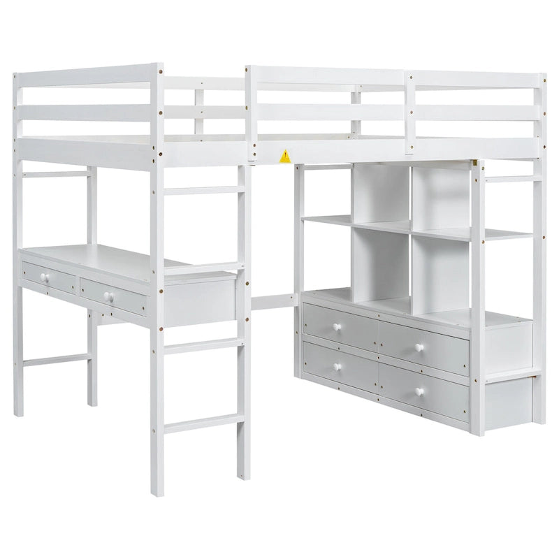 White Full Size Pine Loft Bed with Built-in Desk & Drawers